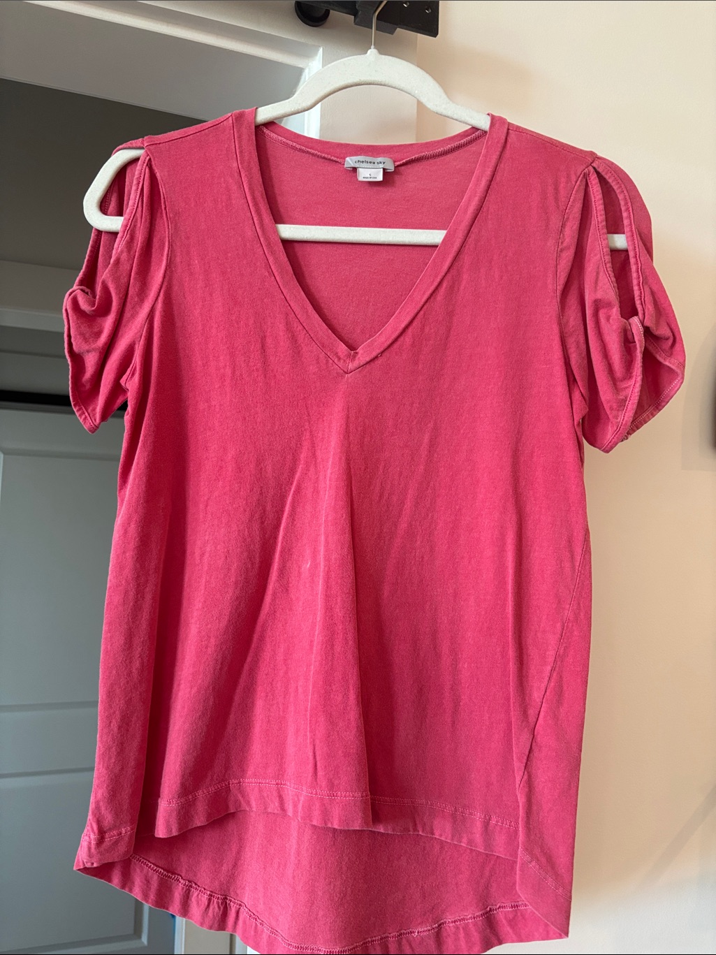 Loveappella Rose Pink V-Neck Short Sleeve Top With Cutout Sleeves